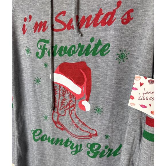 Womens Christmas Sz L Santa’s Favorite Country Girl Holiday Hooded LS Top NWT - Picture 3 of 7